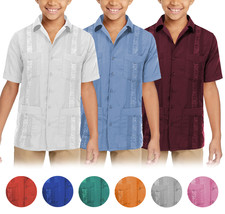 Boy&#39;s Embroidered Short Sleeve Wedding Baptism Kids Button-Up Guayabera Shirt - £19.09 GBP