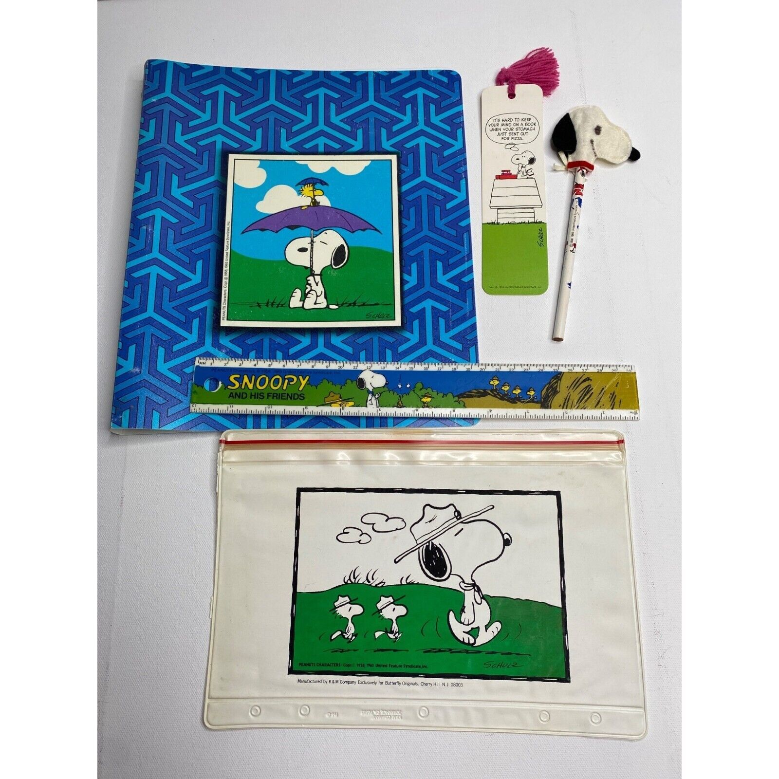 Primary image for Vintage Peanuts Snoopy School Supplies 5 Pc Set Binder Pencil Pouch Topper Ruler