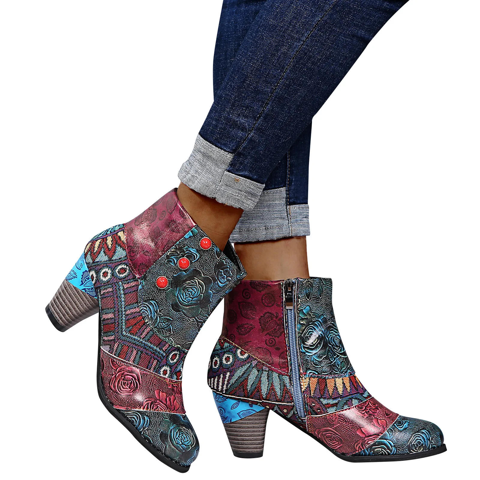 Vintage Ankle Boots for Women Splicing Printed Autumn   Short Boots PU Leather F - £185.38 GBP