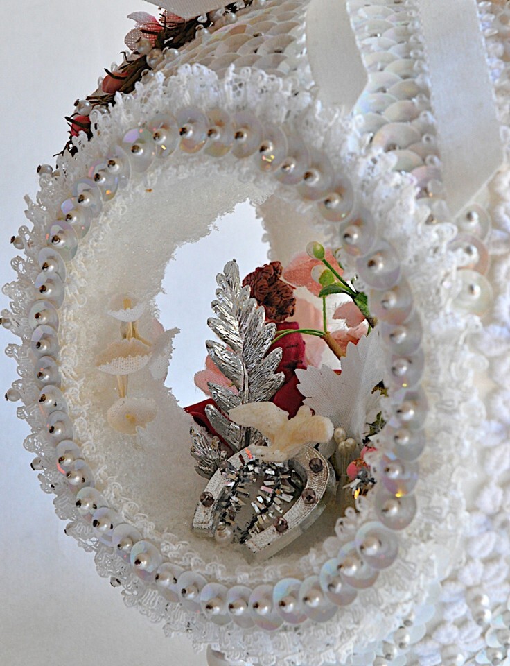 Handmade Sequin Pushpin Diorama Wedding Cake Topper Ring Maid Pearls Flowers VTG Item image 15