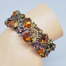 Amber Color Rivoli Lucite Rhinestones Antique Gold Tone Floral Cuff  Bracelet - £13.33 GBP