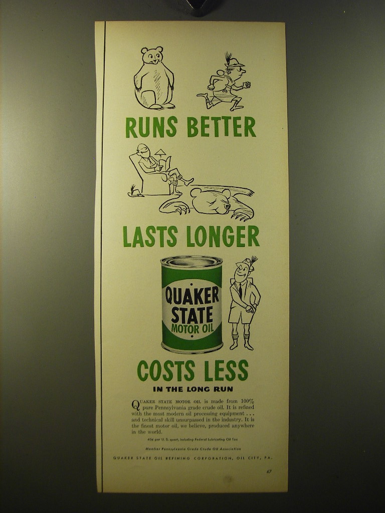 Primary image for 1950 Quaker State Motor Oil Ad - Runs better lasts longer