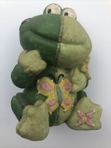 Frog Figurine with butterfly and flower easter garden style decoration - $8.60