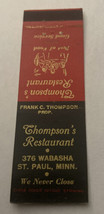 Vintage Matchbook Cover Matchcover Thompson’s Restaurant  St Paul MN - £2.13 GBP