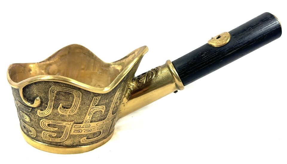 Chinese Brass Silk Iron with Black Wooden Handle 12” Long 5” Tall Heavy - £10.07 GBP