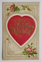 Valentine Greeting Applique Red Satin Heart Red Roses Postcard E33 - £6.31 GBP