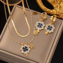 Fashion Four-leaf Clover Stainless Steel Earrings Necklace Set For Women Lucky T - $20.00+