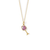 Women 14K Yellow Gold Plated Micro CZ Red Wine Glass Charm Pendant Necklace 16&quot; - £90.71 GBP
