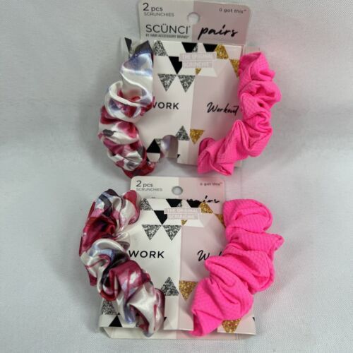 (2) Scunci Pairs 2 pcs Scrunchies Work Workout Hot Pink Multi Color Hair... - $7.99