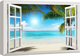 Canvas Print Wall Art Window View Landscape of Green Palm Beach Nature Wildernes - £47.72 GBP