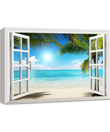 Canvas Print Wall Art Window View Landscape of Green Palm Beach Nature W... - £46.67 GBP