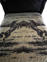 Vintage Fighting Stallions Horses Large Brown Reversible Blanket Throw 8... - $69.29