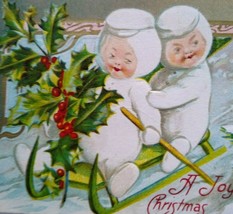 Christmas Postcard Snowman Snow Women On Sled Exotic Bird John Winsch Back - £11.81 GBP