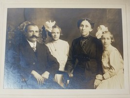Family of Four Seated Portrait 2 Daughters Mustache Matted Sepia Antique Photo  - £9.05 GBP