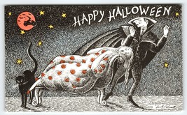 Halloween Postcard Dracula Black Cat Witch On Motorcycle Moon Flying Rabbit 1993 - £33.15 GBP