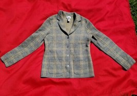 Vintage  Rena Rowan Wool Cardigan Jacket Gray Yellow Plaid Small - £29.81 GBP
