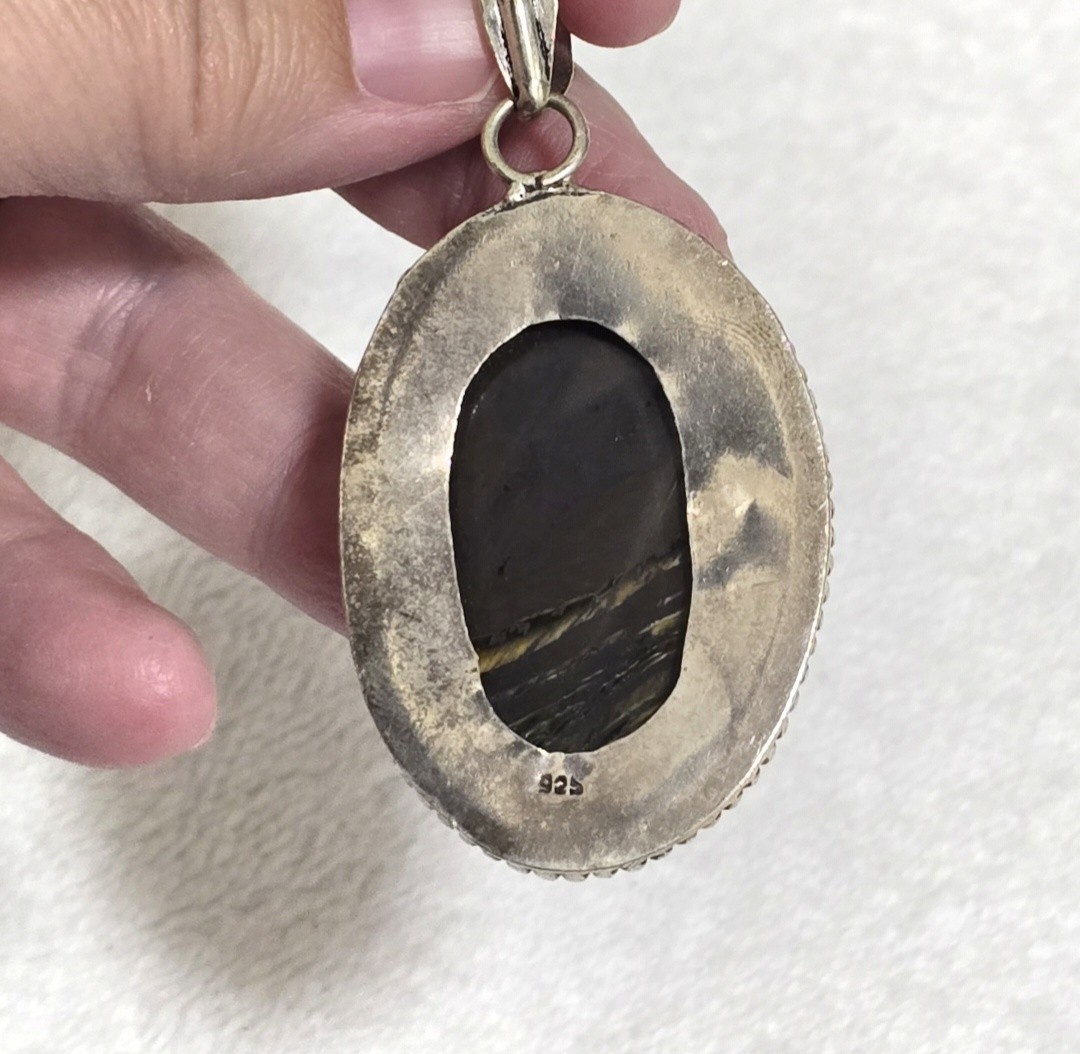 VTG Sterling Silver 925 Tiger Iron Pendant Oval Cabochon Beaded Setting 26g Item image 12