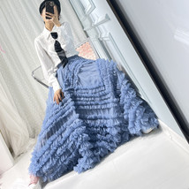 Dusty Blue Tiered Tulle Maxi Skirt Outfit Women Plus Size Tulle Gown Skirt image 9