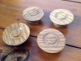 Lot of 4 Vtg Antique Round Flat Topped Tiger Oak Wood Knobs Cabinet Draw... - £27.79 GBP