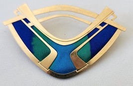 KYLE McKEOWN Brooch Pin 14k Gold Plated Hand Painted Silk Modernist 1980&#39;s - $74.95
