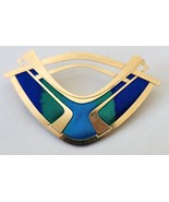 KYLE McKEOWN Brooch Pin 14k Gold Plated Hand Painted Silk Modernist 1980&#39;s - £59.22 GBP