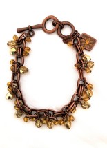 Vintage Cookie Lee Copper Charm Bracelet Amber Color Beads 7-8&quot; Toggle Closure - £15.18 GBP