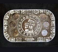 Vintage Mayan Aztec Calendar Plate Shot Glass Tray Hand Made Clay Cancun Mexico - £14.76 GBP