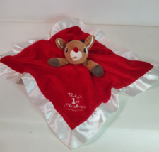 Rudolph Baby&#39;s First Christmas Baby Lovey Security Blanket Red White Satin Dots - £11.70 GBP