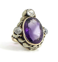 Authenticity Guarantee 
Antique Victorian Oval Amethyst Diamond Cocktail Ring... - £2,388.54 GBP