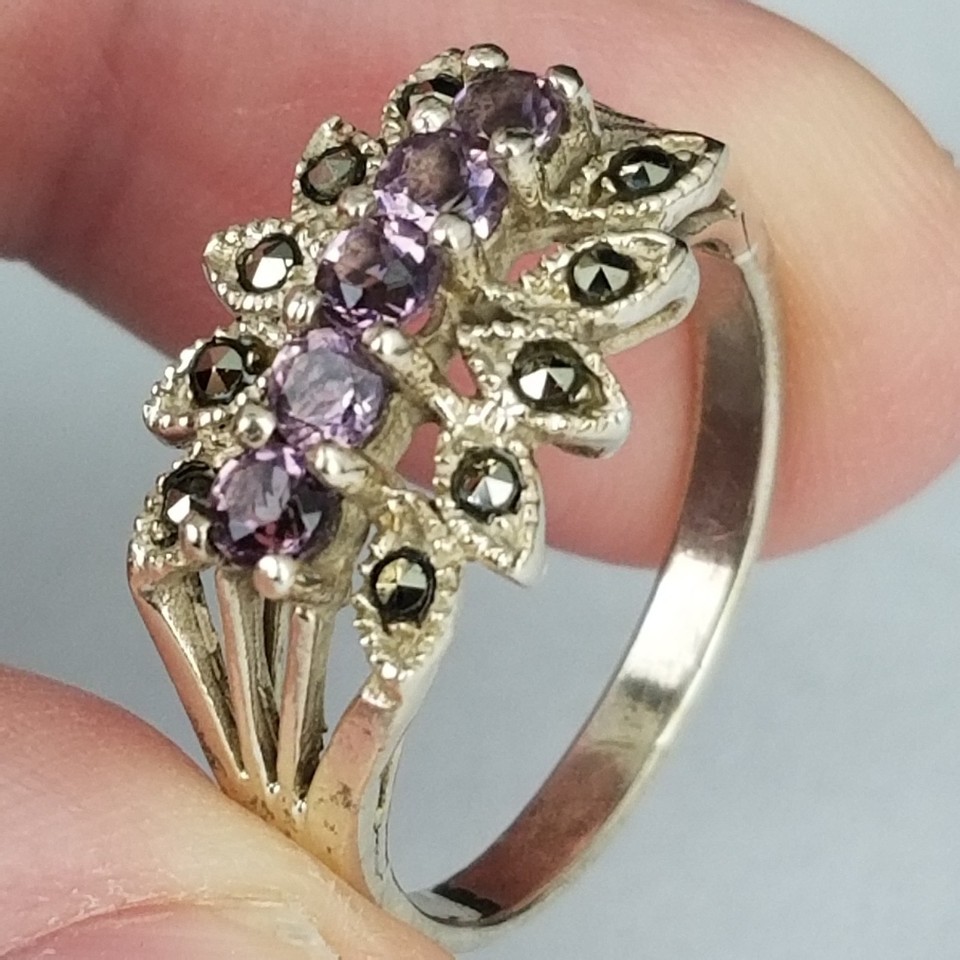 vintage sterling silver &amp; amethyst &amp; marcasite ring size 9 old 925 ESTAT... - $42.99