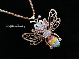 Rainbow Bumble Bee Crystal Rhinestone Enamel Moving Long Sweater Necklac... - $18.51