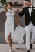 Sheath Beach Front-Slit White Lace Wedding Dress Bridal Dresses Simple Elegant - £185.12 GBP