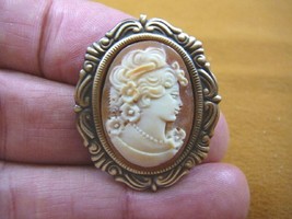 C-1369) hand carved Woman curly hair updo shell CAMEO on repro brass Pin... - £63.67 GBP