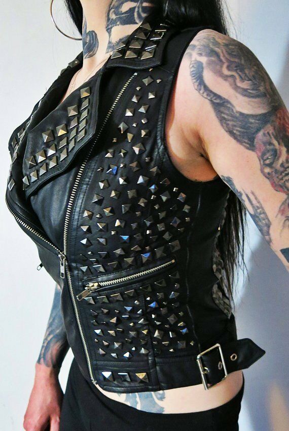 Women Black Biker Slim Fit Cropped Handmade Genuine Leather Silver Studded Vest