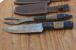 damascus hand forged knife and fork BBQ hunting set From The Eagle Colle... - $69.29