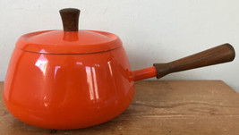 Vintage Mid Century Modern Flame Orange Japanese Fondue Pot Teak Wood Ha... - $36.99