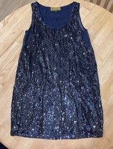 Size 4 Nicole Miller Sleeveless Blue Sequin Round Neck  Shift Dress - $69.29