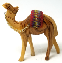 Camel Figurine Wood Hand Carved Dromedary Gold Chain Saddle 1980s - £12.11 GBP