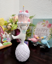 Pastel Easter Bunny On Egg with Birthday Macron Cake Figurine Tabletop Decor 11&quot; - $27.71