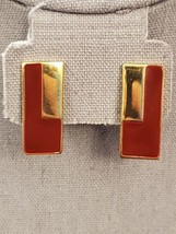 Vintage TRIFARI Gold &amp; Red Geometric Clip-on Earrings Rectangle Shape - £11.93 GBP