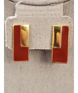 Vintage TRIFARI Gold &amp; Red Geometric Clip-on Earrings Rectangle Shape - £11.88 GBP