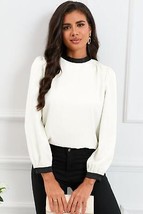 White Color Block Bow Back Mock Neck Blouse - £25.78 GBP