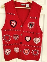 Red Knit Capacity Vest Size Petite Large Valentine’s Hearts LoveButtons Crochet - $14.26