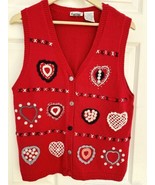 Red Knit Capacity Vest Size Petite Large Valentine’s Hearts LoveButtons ... - $14.26