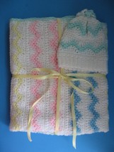 NEW Baby Blanket &amp; Matching Pompom Hat Hand Crocheted Knitted - £27.52 GBP