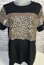 Sunshine and Rodeo Animal Print Black Gold Sequin Top Size M- EUC - $15.84