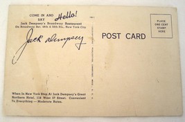 Vintage Autographed Postcard Jack Dempsey Broadway Restaurant New Your City 40&#39;s - £51.94 GBP
