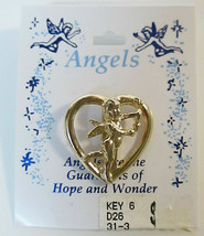 Gold Tone Cherub / Cupid / Guardian Angel Open Heart  Lapel Tack Pin 1&quot; - £3.75 GBP