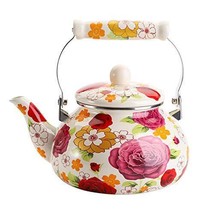 Vintage Enamel Tea Kettle, 2.6 Quart Large Rose Floral Enamel on Steel Teapot - £39.42 GBP