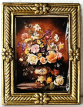Miniature Dollhouse Floral Art Picture in Brass Frame Pink Roses 2.25” x... - $19.34